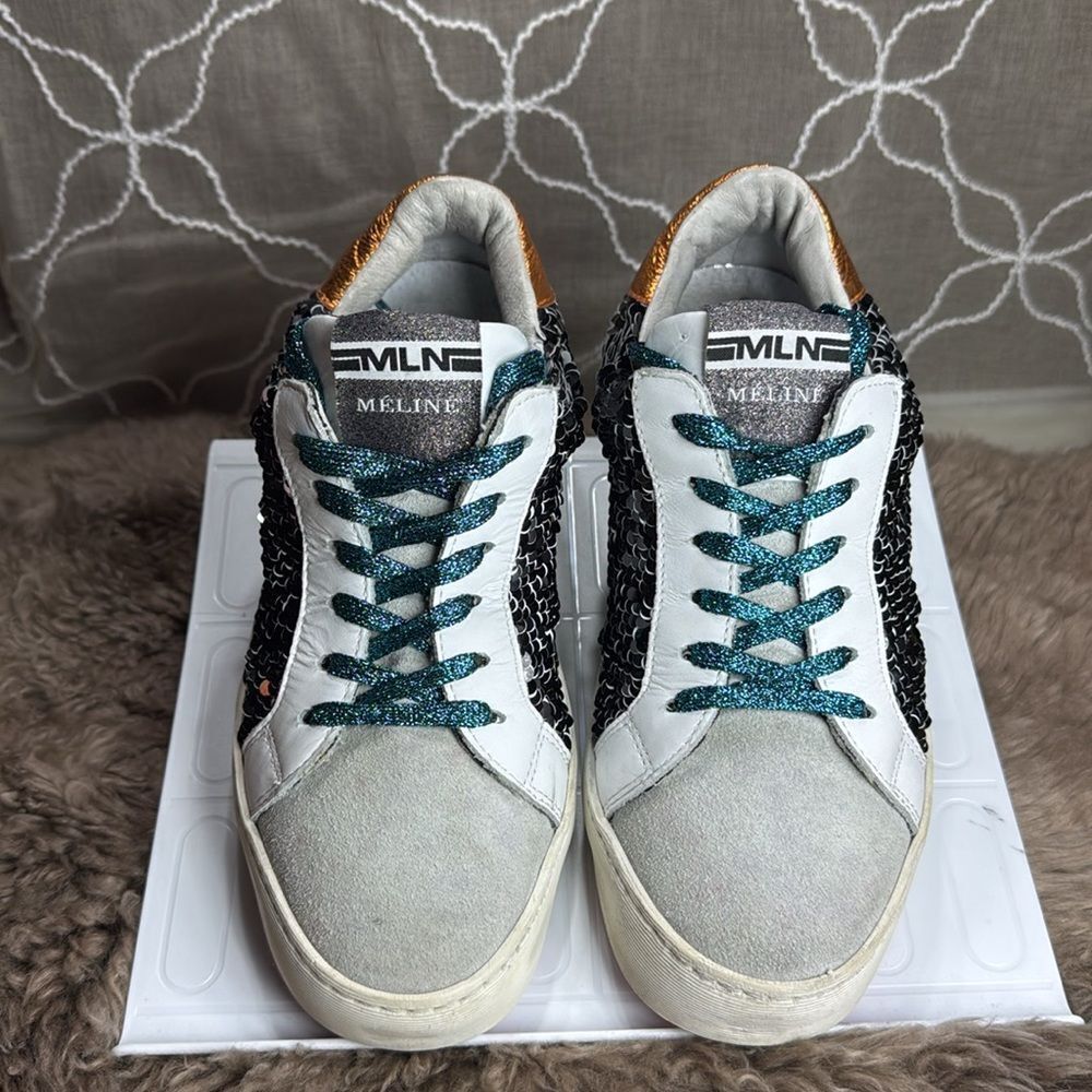 (E4) Meline Italy silver sequined leather sneakers, size 7 women. - Picture 2 of 13